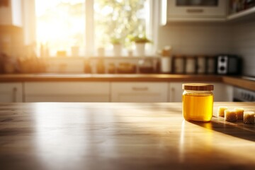 Poster - A jar of golden honey sits prominently on a wooden countertop, accompanied by honeycombs and beeswax candles, illuminated by warm sunlight