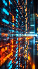 Poster - Futuristic server running lines of programming code with orange and blue colors and motion blur effect