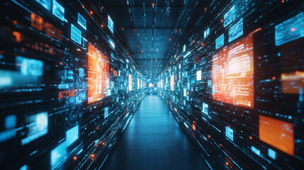 Poster - Virtual corridor with glowing data streams and digital screens in futuristic setting