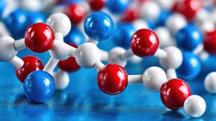 Poster - Abstract Molecular Structure with Red, White, and Blue Spheres on a Reflective Blue Surface