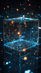 Leinwandbilder - Digital data streaming through luminous glass cube, representing advanced technological communication network