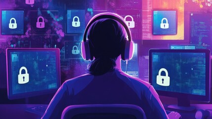 Poster - Cybersecurity Analyst Monitoring Data Security with Digital Screens