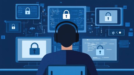 Poster - Digital Security Concept with Monitors and Lock Icons in Dark Theme