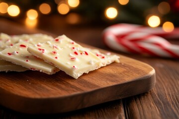 Aufkleber - Peppermint bark slice rests on a wooden cutting board in a cozy kitchen with festive lights creating a warm, inviting atmosphere for the holiday season