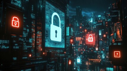 Poster - Futuristic Digital City with Neon Lock Icons and Data Streams
