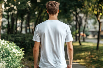 white shirt mockup, stylish man model, arm tattoo, standing pose, back view, no face