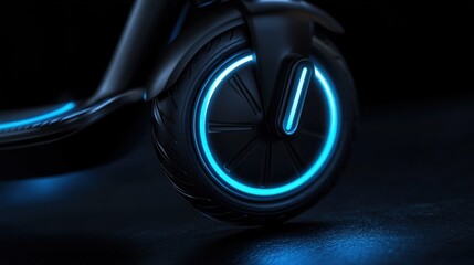 Futuristic e-scooter wheel glowing blue, dark studio