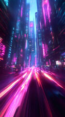 Poster - Light trails creating motion blur effect while travelling at high speed through illuminated futuristic neon city with skyscrapers