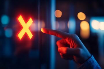Aufkleber - A businessman’s hand directs a red X hologram from a sleek device, set in a blurred office background, indicating an error or failure. Copy space available