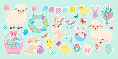 Wall Mural - a collection of easter themed stickers featuring animals and flowers. the stickers include a bunny, 