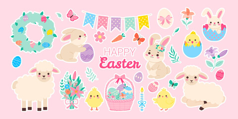 Wall Mural - a collection of easter-themed stickers featuring animals and eggs. the stickers are arranged in a ro