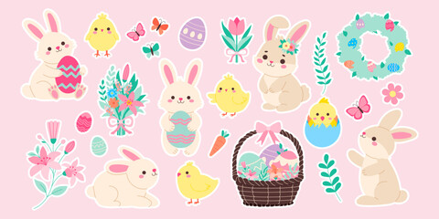 Wall Mural - a collection of easter bunny and easter eggs stickers. the stickers include rabbits, eggs, flowers, 