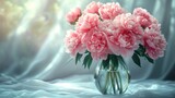 Pink peonies in a glass vase on a light fabric background.