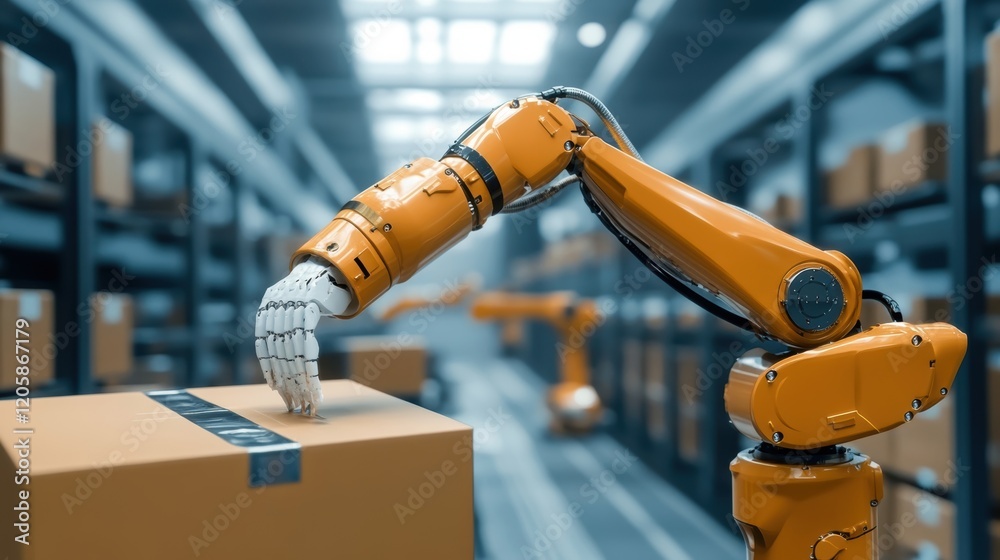 Modern robotic arm gently placing package on conveyor belt in automated ...