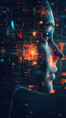 Fototapete - Artificial intelligence is forming a human face with data code and circuit board, symbolizing the fusion of technology and humanity