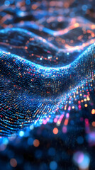 Poster - Abstract colorful wave particles flowing on dark background representing futuristic technology or science fiction concept