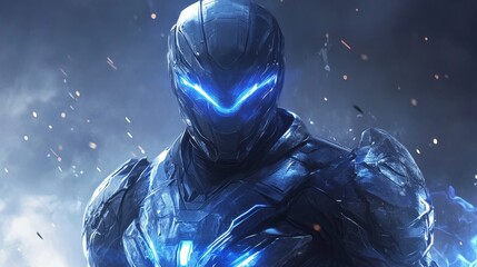 Wall Mural - A cyber warrior in a glowing battle suit, ready for action in a dystopian setting