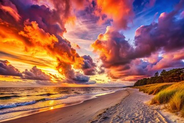 Wall Mural - Dramatic Sunset Cloudscape over Boltenhagen Beach, Baltic Sea - High-Resolution Stock Photo