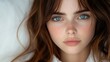© JO BLA CO - A young woman with blue eyes showcases natural beauty with soft, wavy brown hair. Her relaxed expression complements the gentle lighting and minimal background