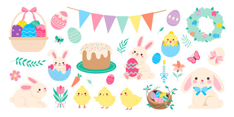 Wall Mural - a collection of easter themed images including a bunny, a cake, and a basket of eggs