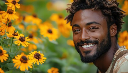 Wall Mural - Man smiling in a garden, surrounded by yellow flowers, natural light, warm and inviting