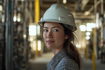 caucasian young woman engineer in uniform white helmet for inspection, check, control in industrial factory. architect technician female builder. photo