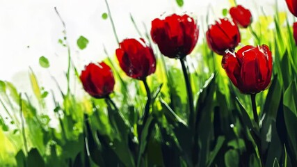 Wall Mural - Vibrant red tulips blooming in a lush green field