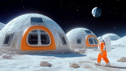 Wall Mural - astronaut explores a lunar habitat with domes under a starry sky