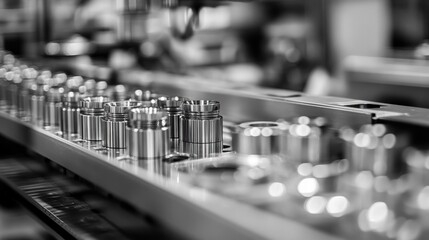 Aufkleber - Shiny metal components lined up on a production line, highlighting precision engineering and conveying industrial efficiency in a monochrome setting