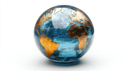 crystal-clear globe icon with continents in metallic hues, [3d icon], [global connectivity and trade
