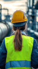 Poster - Female engineer wearing high visibility vest and hardhat inspecting a pipeline at a refinery