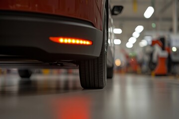 Poster - Electric vehicle moves along an assembly line, highlighting advanced robotics and welding technology, representing modern innovation in the automotive industry