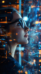 Aufkleber - Businesswoman wearing glasses analyzing holographic futuristic big data interface in dark room