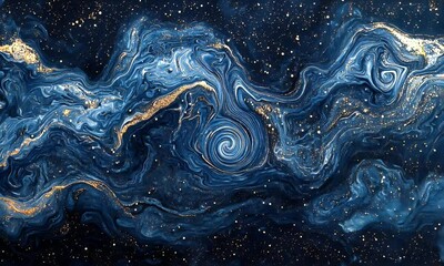 Wall Mural - Abstract swirling blue and gold patterns resembling a cosmic scene with hints of stars and ethereal textures