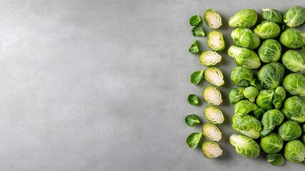 Wall Mural - Fresh Brussels sprouts on gray background, some halved