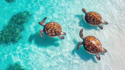 Three sea turtles swimming in clear turquoise water near a sandy beach.