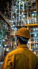 Aufkleber - Industrial worker wearing a hardhat and protective glasses, diligently inspecting machinery in a bustling power plant environment