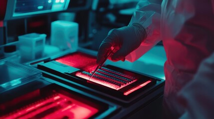 Poster - Gloved scientist carefully placing samples into a 96 well microplate using tweezers, conducting research in a modern laboratory with red and blue ambient light