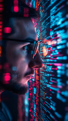 Aufkleber - Close-up profile of software developer reading and analyzing source code on a large digital screen in a dimly lit room