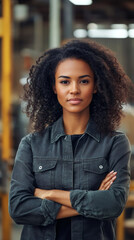 Aufkleber - Confident african american female engineer crossing arms, standing in high-tech manufacturing facility, embodying professional expertise and leadership