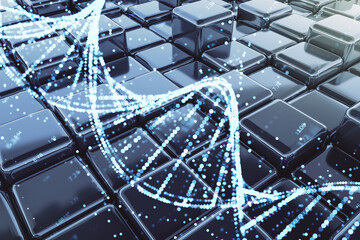 Fototapete - Abstract glowing DNA strand on glossy black cubes background.
