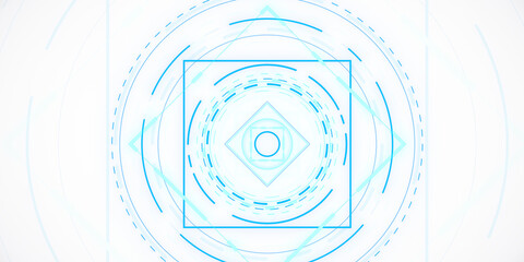 Poster - Futuristic geometric design with glowing blue circular elements on white background. 3D Rendering