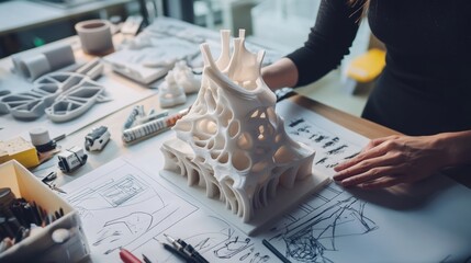 Poster - Architect is analyzing a complex, white, 3d printed architectural model on a desk, surrounded by sketches and other models, showcasing the design process of a futuristic building