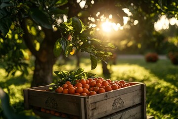 Aufkleber - A wooden crate overflows with fresh, ripe oranges, positioned beneath a lush citrus tree glowing in the warm light of the golden hour