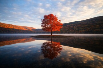 Poster - A lone tree displays brilliant orange and red foliage, mirrored perfectly in a still lake surrounded by soft golden light on a cool autumn morning