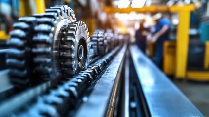 Poster - Metal gears rotating on an assembly line within a bustling factory, surrounded by blurred figures of factory workers engaged in the manufacturing process