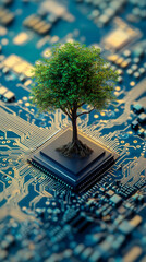 Aufkleber - Green tree sprouting from electronic microchip, representing sustainable technology merging nature with digital innovation