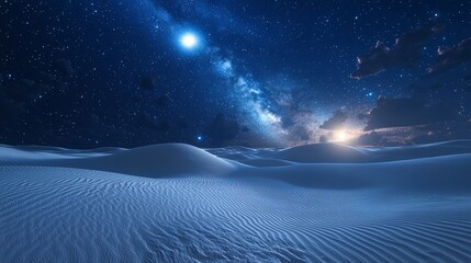 Wall Mural - staring night at the desert with constellations on the sky and moon light, white sand dunes, hyper realistic, 4k 