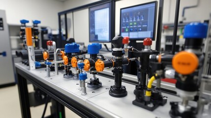 Poster - Complex industrial machinery with colorful valves and knobs is operating in a modern manufacturing plant, monitored by computer screens displaying data and controls