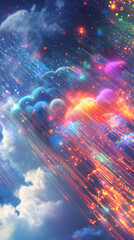 Leinwandbilder - Colorful particle streams falling from colorful digital clouds in a digital sky, data transmission concept
